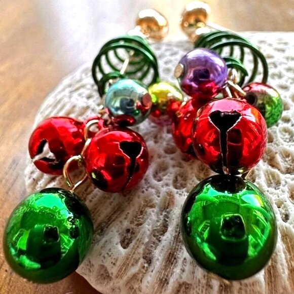 Christmas Tree Earrings New Handmade Jingle Bells Dangle Posts Festive P… - Picture 10 of 12